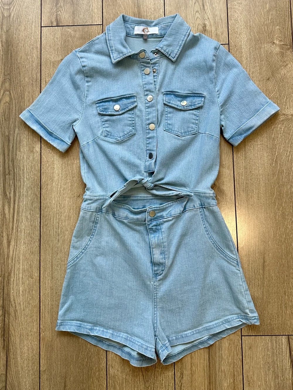Melagrano Light Wash Denim Romper | Size S | Tie Front Cutout